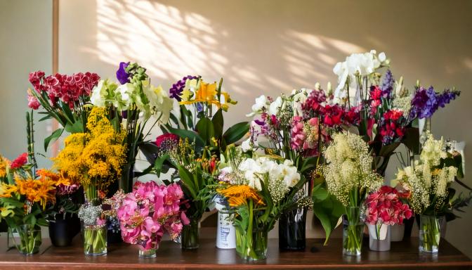 シーン別・予算別におすすめのフラワーギフトを象徴する誕生日や結婚祝いの花束、葬儀用の落ち着いた色の花などが並ぶイメージ