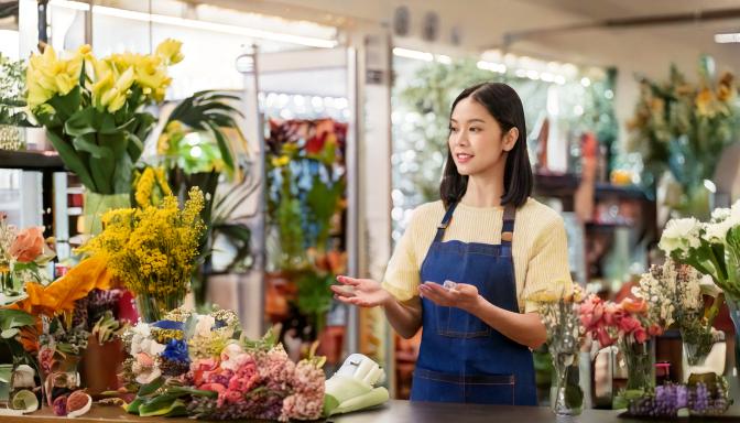 フラワーギフトのマナーを説明する花屋の店員